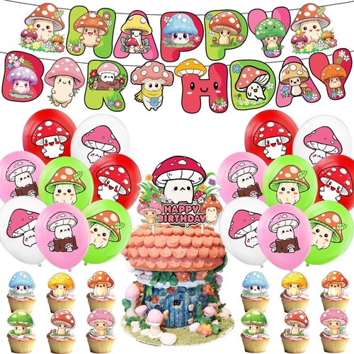 Cartoon Mushroom Birthday Party Supplies Kits Includes Banner, Balloons, Cake Topper, Cupcake Toppers, Cute Colorful Mushroom Theme Party for Kids Boys Girls Birthday Decoration