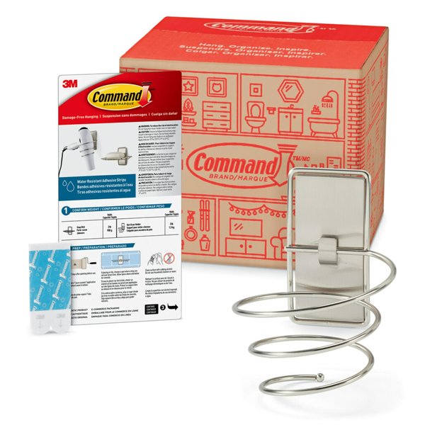 Command Hair Dryer Holder, Satin Nickel, 1-Holder, 2-Water-Resistant Strips, Organize Damage-Free