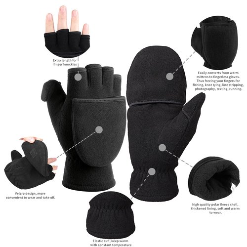 BESSTEVEN Winter Gloves for Women Fingerless Convertible Flip Top Mittens with Thermal Insulation Cotton Warm for Texting Photographing Running Jogging in Cold Weather - Black XS