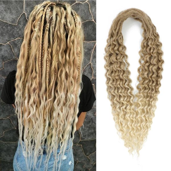 Aguacor Wavy Dreadlocks Synthetic Double Ended Dreadlock Extensions with Curly Ends 24inches 10 Strands Thin Wavy Soft Light Brown to Blonde DE Dreadlock Extensions (Curly 10 Strands, 27/613)