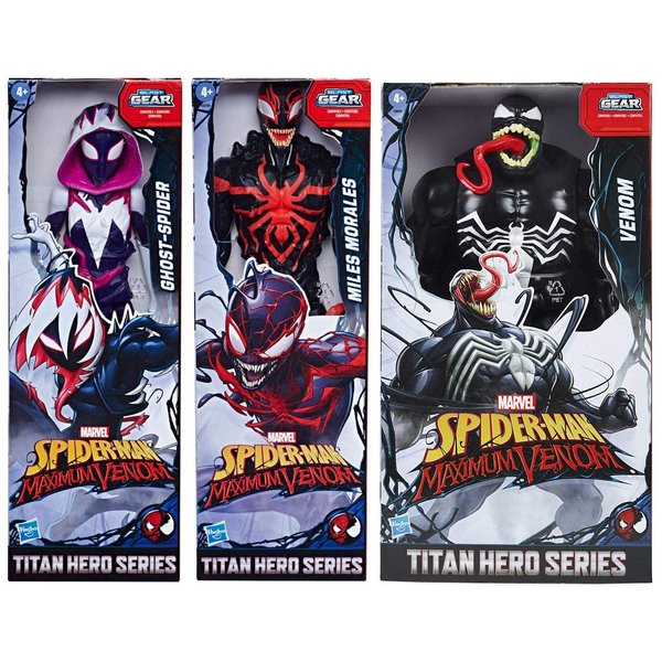 Spider-Man Marvel Bundle of 3 Titan Hero Series Maximum Venom 12-inch Action Figures Miles Morales, Ghost-Spider, Venom