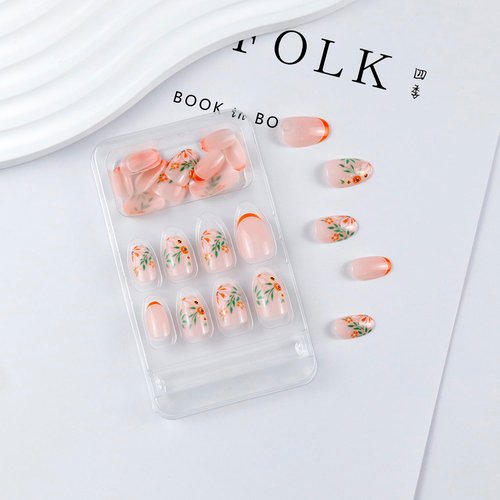 Spring New Year Press on Nails Short Almond French Fake Nails, Orange Leaf Flower Acrylic Nails Tip, Natural Fit Glossy Gel Manicure Stick on Nails with Glue, False Nails Kit 12Sizes 24Pcs