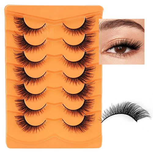 Fox Eye Lashes, Wispy False Eyelashes D Curl Mink Lashes Fluffy False Lashes Natural Look Cat Eye Lashes Strip Pack 7 Pairs