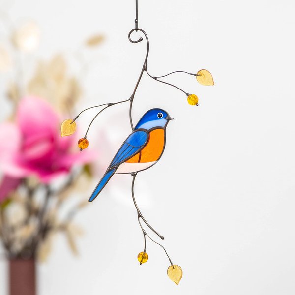 Gift Birds Handmade Stained Glass Suncatcher Genuine Stained Glass Window Hangings Unique Indoor Ornament & Outdoor Decor (BLUEBIRD)