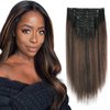 ABH AMAZINGBEAUTY HAIR Yaki Straight Clip ins Rooted Black Piano Natural Black #1B With Chocolate Brown #4 Two Tone Light Yaki Clip in Human Hair 12 Inch Yaki Clip ins for Black Women 120G Full Head
