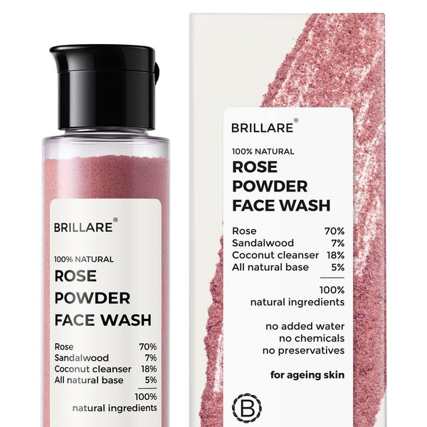 BRILLARE Rose Face Wash | Anti Ageing Skin | Sandalwood & Coconut Face Wash for Hydration | 100% Natural Powder Face Wash | 30g