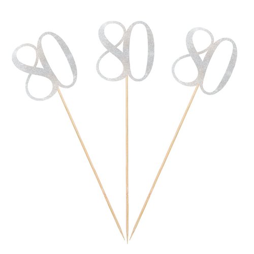 Silver Glitter 80th Birthday Centerpiece Sticks, 12-Pack Number 80 Table Topper Anniversary Party Decorations