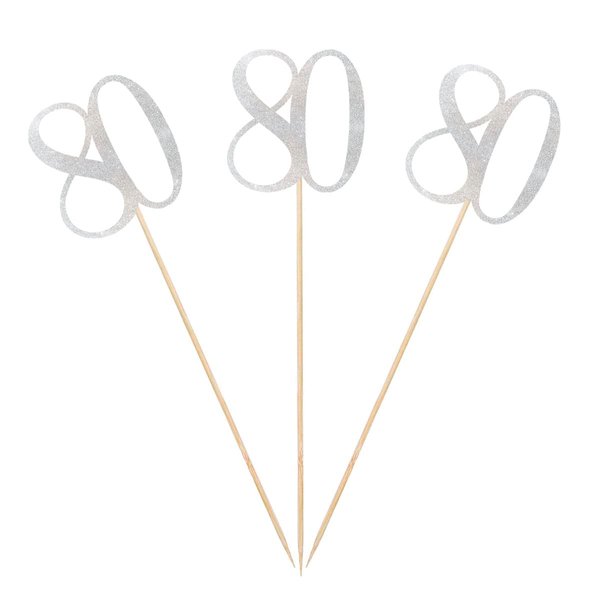 Silver Glitter 80th Birthday Centerpiece Sticks, 12-Pack Number 80 Table Topper Anniversary Party Decorations