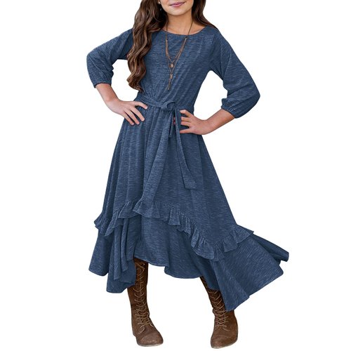 MITILLY Girls Loose Plain 3/4 Sleeve Casual Pocket Ruffle Swing Long Maxi Dress with Belt 12 Years Dark Blue