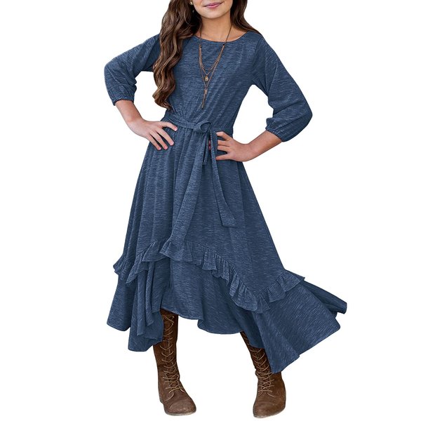 MITILLY Girls Loose Plain 3/4 Sleeve Casual Pocket Ruffle Swing Long Maxi Dress with Belt 12 Years Dark Blue