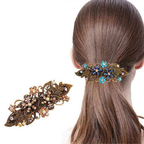iRIIRIO 2pcs Hair Metal Barrettes with Rhinestone Hair Bronze Metal Spring Clips for French Hair Style for Women Girls (Blue+Champagne)
