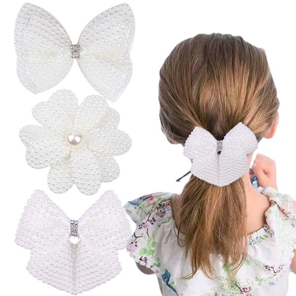 3 Pcs Pearl Hair Bows for Girls Rhinestone Bow Alligator Hair Clips Glitter Floral Bow Hairpins Holiday Hair Accessories for Women Xmas Party Gifts (White)