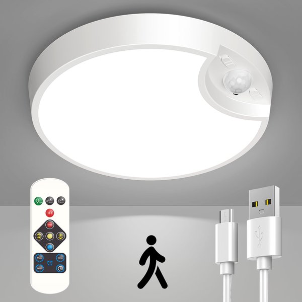 Rechargeable Motion Sensor Ceiling Light - Battery Ceiling Light with Remote for Closet, Shower, Shed, Stair, ect