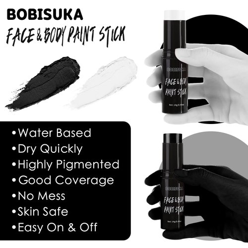 BOBISUKA Black & White Face Body Paint Stick Eye Black Sticks for Football Sports Water Based Face Painting Kit Quick Drying Foundation Makeup for Halloween Clown Skeleton Vampire Cosplay SFX Costume