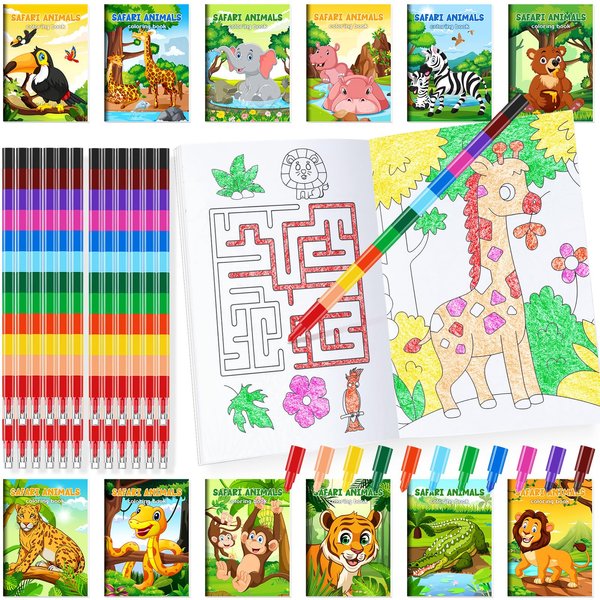 BenLouis 24 Pcs Jungle Safari Animals Coloring Books Party Favors with 24 Crayons Safari Zoo Lion Party Mini Activity Books Bulk for Kids Wild Animals Party Goodie Bag Stuffer Classroom Supplies