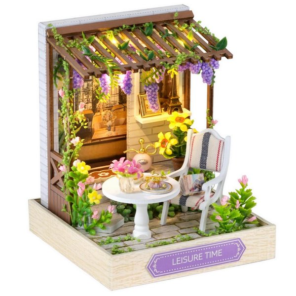 TuKIIE DIY Miniature Dollhouse Kit with Furniture, 1:24 Scale Creative Room Mini Wooden Christmas Doll House Plus Dust Proof for Kids Teens Adults(Leisure Time)