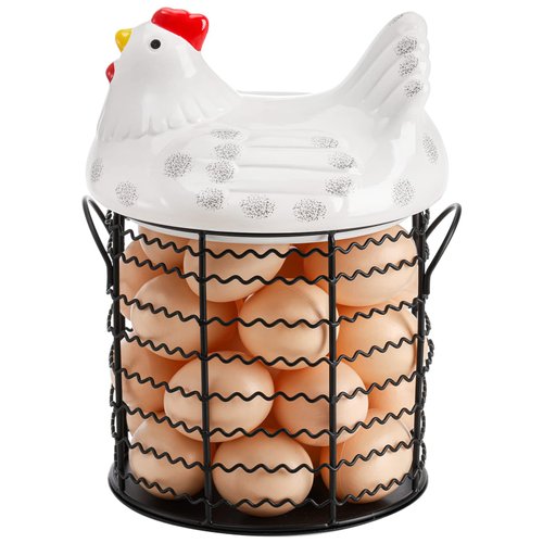 Hiceeden Metal Wire Chicken Egg Storage Basket, Decorative Fresh Egg Holder with Ceramic Chicken Design Lid, Portable Round Collectiong Basket for Kitchen Supplies, Pantry