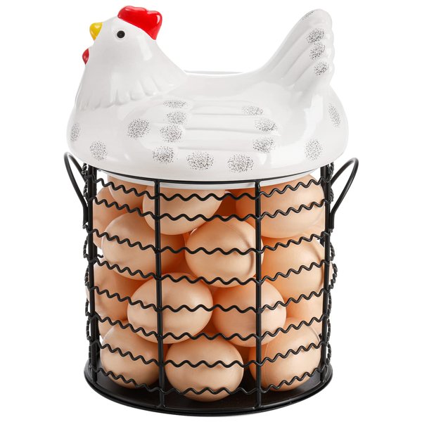 Hiceeden Metal Wire Chicken Egg Storage Basket, Decorative Fresh Egg Holder with Ceramic Chicken Design Lid, Portable Round Collectiong Basket for Kitchen Supplies, Pantry