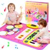2-in-1 Musical Mat Toys for 1 2 3 4 5 Year Old, Piano Keyboard & Drum Set with 2 Drum Sticks, Early Educational Musical Learning Toys Birthday for 1 2 3 4 5 Year Old Girls & Boys, Pink