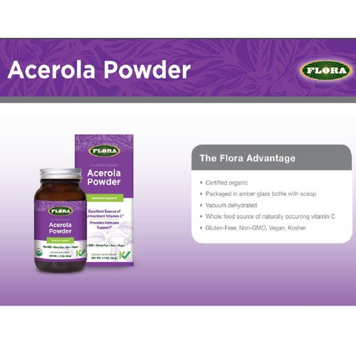 Flora - Acerola Powder, Daily Immune Booster with Vitamin C, Gluten Free & Vegan Vitamin C Antioxidant Powder, 1.7-oz. Glass Bottle