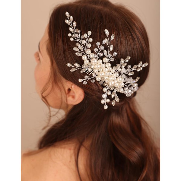 BERYUAN Wedding Ivory Crystal Rhinestone Hair Comb Pearls Crystal Rhinstone Headpiece Pearls Wedding Headband Silver Bride Hair Accessory for Brides (ivory)