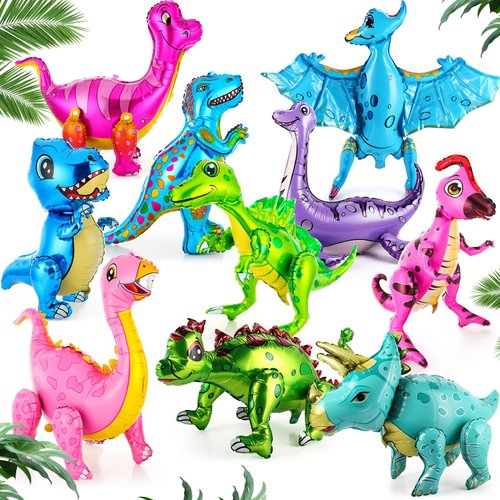 Foilswirl 10 Pcs Giant Dinosaur Balloons 4D Dino Aluminum Foil Balloons Self Standing Dino Balloons Dinosaur Birthday Decorations Inflatable Dinosaur Balloons for Jungle Theme Party(Colorful)