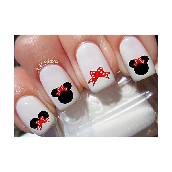 Minnie Mouse Red Bow Water Nail Art Transfers Stickers Decals - Set of 66 - A1223