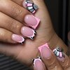 Short Square Press on Nails Pink Fake Nails Glossy Glue on Nails French Tip Acrylic Nails Cute Artificial Nails Zebra Stripe Flower Stick on False Nails for Women 24 Pcs