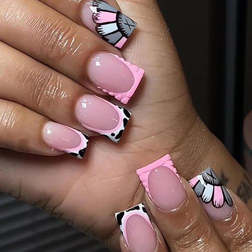 Short Square Press on Nails Pink Fake Nails Glossy Glue on Nails French Tip Acrylic Nails Cute Artificial Nails Zebra Stripe Flower Stick on False Nails for Women 24 Pcs