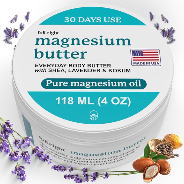Full Eight Organic Magnesium Body Butter - Quick Ease for Muscle & Leg Tension, Muscles Discomfort & Sleep - Topical Rub Magnesium Cream for Recovery, Made in USA, 4oz