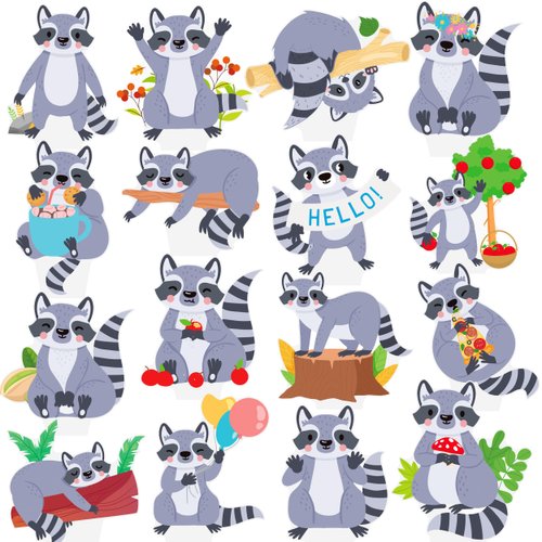 48Pcs Raccoon Theme Cupcake Toppers Woodland Animal Birthday Party Decorations Cartoon Raccoon Cake Topper Decorations for Woodland Theme Baby Shower Forest Animal Party Supplies