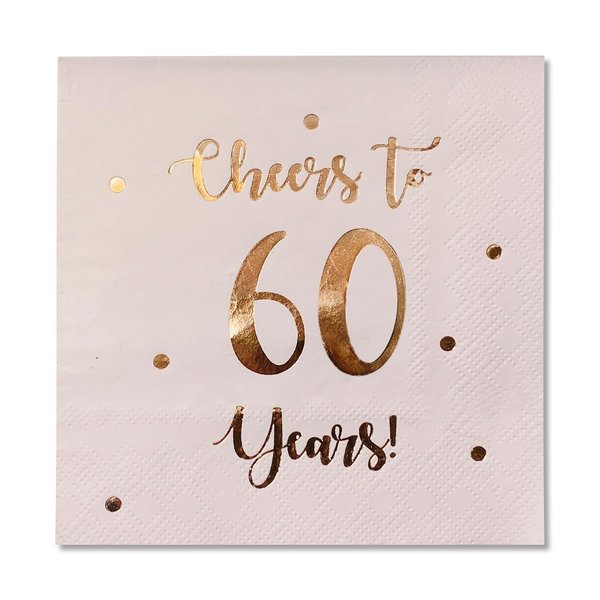 Cheers to 60 Years Cocktail Napkins | Happy 60th Birthday Decorations for Men and Women and Wedding Anniversary Party Decorations | 50-Pack 3-Ply Napkins | 5 x 5 inch folded (Pink)