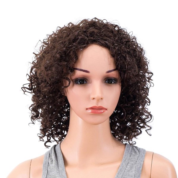 SWACC 12-Inch Short Big Bouffant Curly Wigs for Women Synthetic Heat Resistant Fiber Hair Pieces with Wig Cap (Dark Brown-4#)