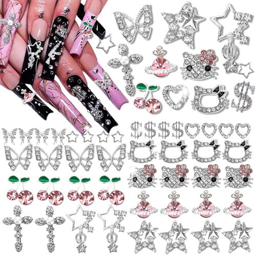 Hotlea 52 PCS 3D Nail Charms Y2K Butterfly Star Cherries Planet Heart Cross Dollars Chrome Nail Charms Silver Nail Rhinestones for Acrylic Nails Kawaii Nail Art Supplies