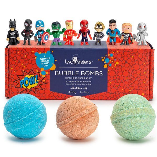 Two Sisters Spa Superhero Bath Bombs for Kids with Surprise Inside, 3 Kids Bath Bombs with Superhero Toys, Ideal Birthday Gift for Boys & Girls, Gentle and Kids Safe