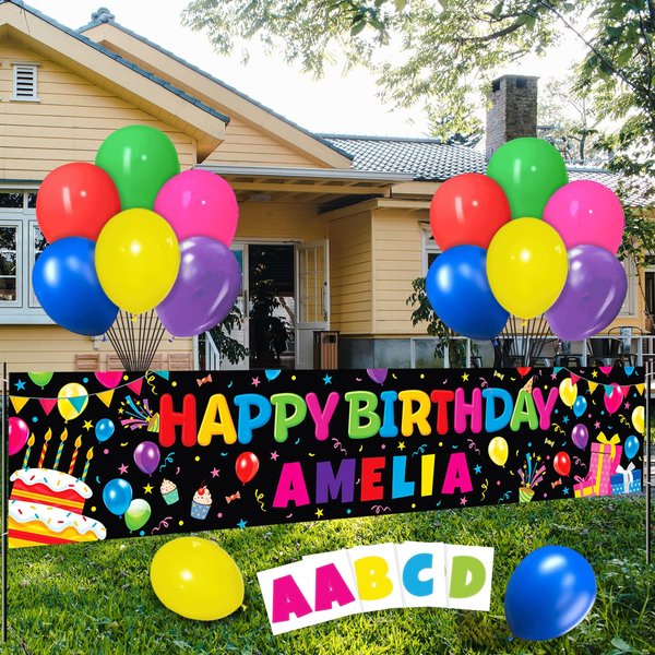 KMCCUMBER Happy Birthday Banner, Personalized Birthday Decorations with 78 Alphabet Stickers and Balloons, DIY Happy Birthday Yard Banner Birthday Sign Party Supplies for Indoor Outdoor(Black）