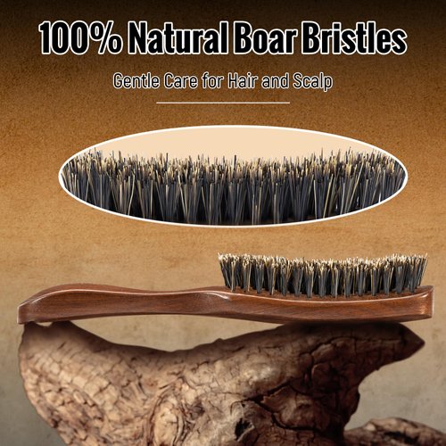Boar Bristle Hair Brush for Men, Mens Hair Brush for Thick Hair, Slick Back Hair Brush with Stiff Bristles & Wooden Walnut Handle for Smoothing, Detangling and Styling, Beard Brush for Combing