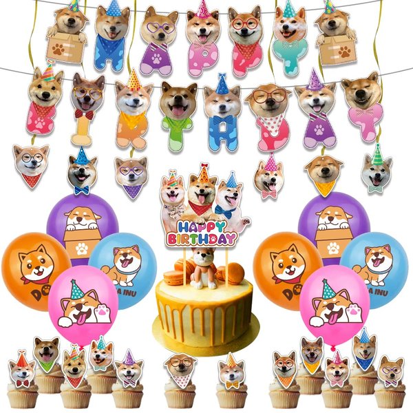 ADIANZI Shiba Inu Party Decorations Suit Cute Shiba Inu Theme Birthday Banner Hanging Swirl Party Cake Topper Balloons Cupcake Toppers Shiba Inu Birthday Party Supplies With Different Dog Faces
