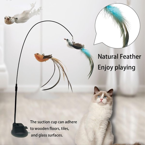 Pawdea Cat Toys Feather Wand Toys, Flexible 2 Cat Wand Toy with Super Suction Cup, 3 Natural Bird Feather Refills with Bell, Fun Interactive Cat Feather Toys for Indoor Kittens or Cats