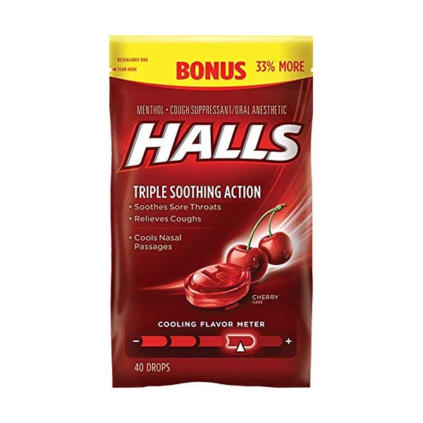 Halls Cough Suppressant Cherry Triple Action Cherry 40 Count (Pack of 2)