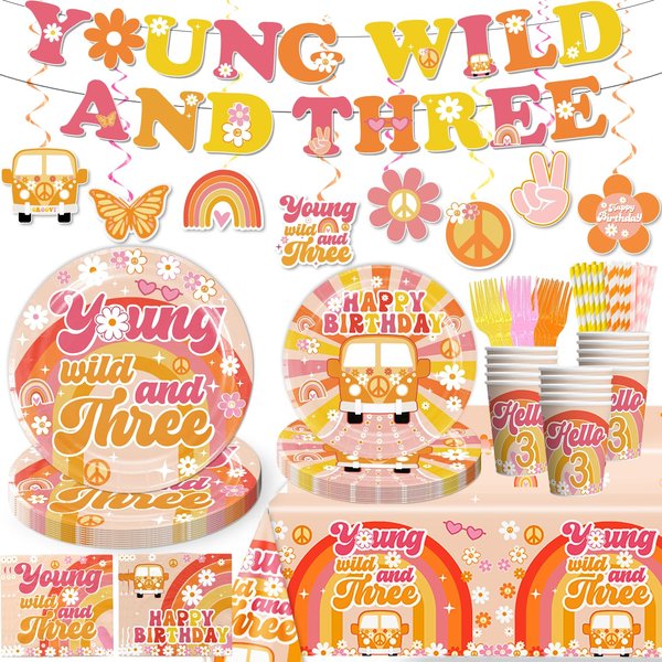 138pcs Young Wild and Three Party Decorations Tableware Set, Wild and Three Party Decorations Young Wild and Three Plate Napkins Tablecloth Banner for Young Wild and Three Party Decorations Girl