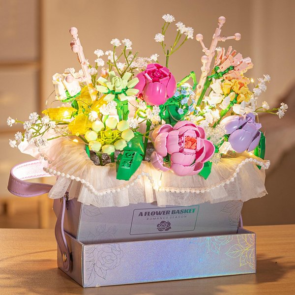 HIGH GODO Flowers Bouquet Building Set, Flowers Basket Building Blocks with Light, 706PCS Botanical Collection Building Kit, Anniversaries Birthday Gift for Women Girlfriend Adults 8+