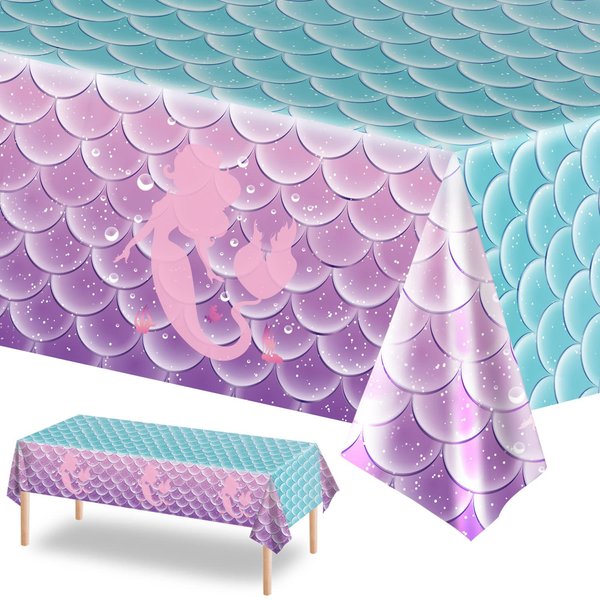 1Pcs Mermaid Birthday Party Favors Mermaid Tablecloth Decorations Disposable Plastic Table Cover for Princess Under The Sea Baby Shower Themed Birthday Party Favors,108x54 Inch