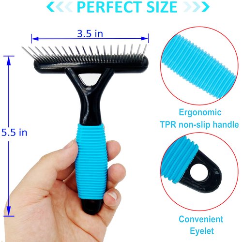 DSKRUI Undercoat Rake for Dogs, Designed for Breeds with Medium to Long Undercoats,Long & Short Stainless Steel Teeth, Safe Dematting Comb for Easy Mats & Tangles Removing