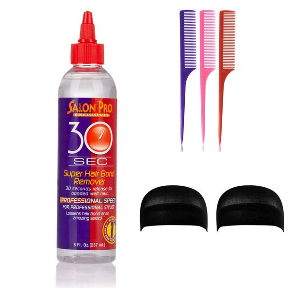Salon Pro 30 Sec Hair Bond Remover 8 Oz (Including 3 pc Rat Tail Bone Tail Hair Styling Comb Set & 2 Piece Black Wig Cap)
