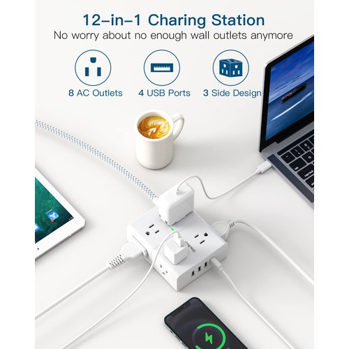 Extension Cord 6 Ft, Surge Protector Power Strip - 8 Widely Outlets 4 USB Ports 10 Ft Long Cord, Flat Plug, Wall Mount, 3-Side Outlet Extender Overload Protect for Home Office Dorm