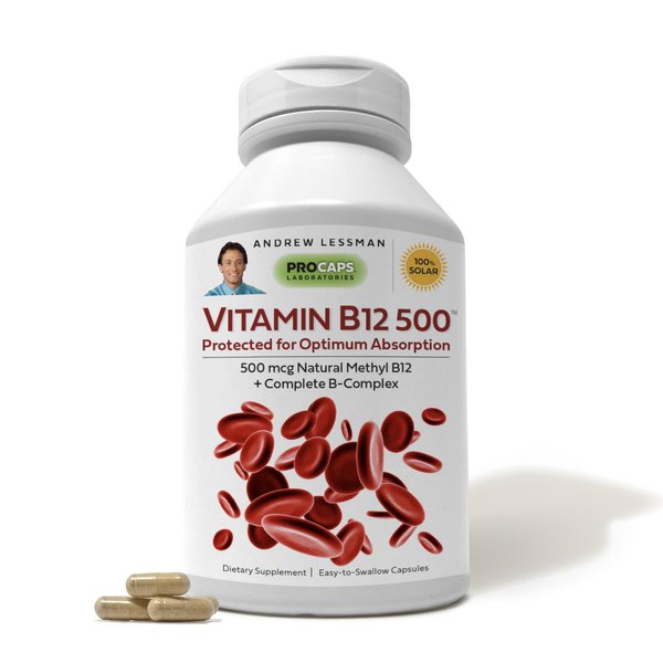 ANDREW LESSMAN Vitamin B12 60 Capsules – Methylated B12 Methylcobalamin 500 mcg Plus B-Complex Supplement, Absorption-Protected Natural B12 for Energy & Stress Support, B12 Without Cyanocobalamin