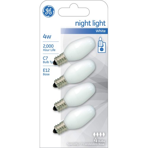 GE Incandescent Light Bulbs, C7 Night Light Bulbs, 4-Watts, 14-Lumens, White, Candelabra Base, 4-Pack, Light Bulbs for Plug-In Night Light
