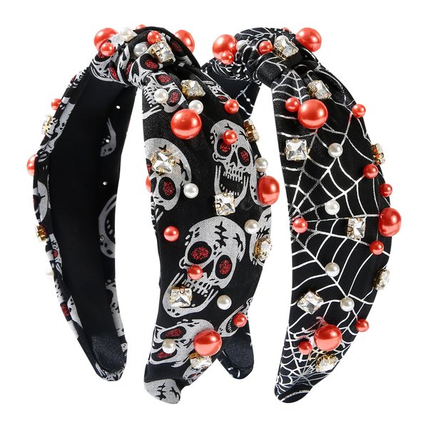 IDDFEVE 2Pcs Halloween Headbands for Women - Rhinestones Spider Web, Skull Holiday Knot Hair Hoops, Pearl Hair Accessory Festive Gift