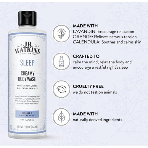 J.R. Watkins Sleep Creamy Moisturizing Body Wash, Cleanses & Encourages Restful Sleep, Natural Monoi & Sandalwood, 12 oz (Pack of 2)